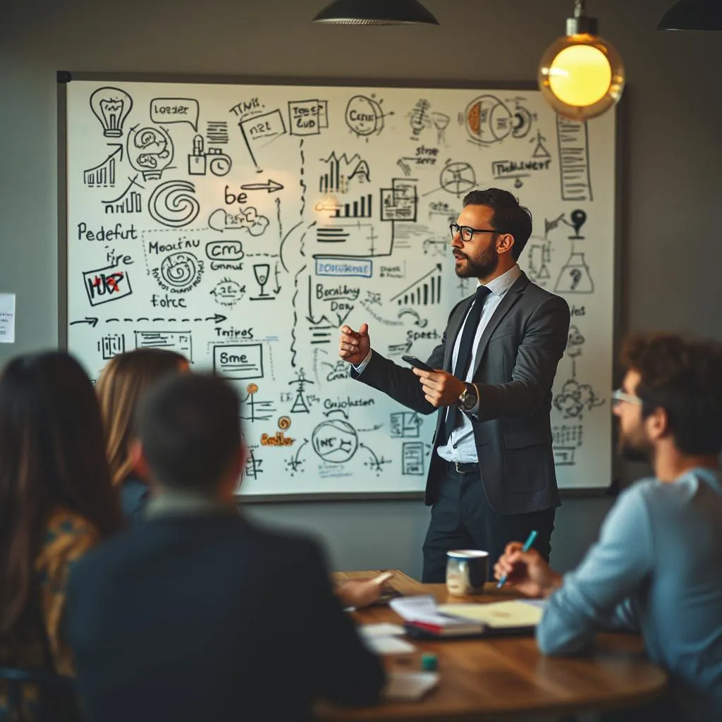 Consultor presentando ideas innovadoras en una pizarra